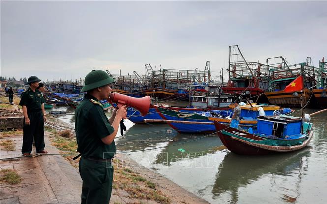 Bộ đội biên phòng Quảng Trị kêu gọi ngư dân chuẩn bị ứng phó với bão số 5 tại Khu neo đậu tránh trú bão tàu thuyền Cửa Việt. Ảnh: Hồ Cầu/TTXVN