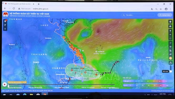 Sơ đồ đường đi của áp thấp nhiệt đới qua hình ảnh của Hệ thống giám sát thiên tai Việt Nam. Ảnh: Vũ Sinh/TTXVN