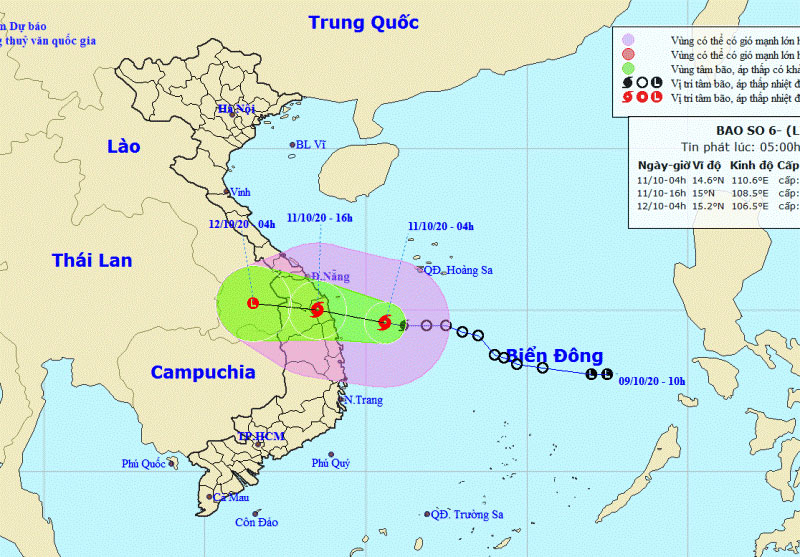 Vị trí và hướng di chuyển của bão số 6. (Nguồn: kttv.gov.vn)