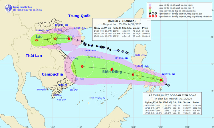  Vị trí, đường đi của bão số 7 và áp thấp nhiệt đới. Nguồn: NCHMF