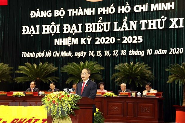Ủy viên Bộ Chính trị, Bí thư Thành ủy Thành phố Hồ Chí Minh Nguyễn Thiện Nhân phát biểu tại Đại hội. (Ảnh: Thống Nhất/TTXVN)