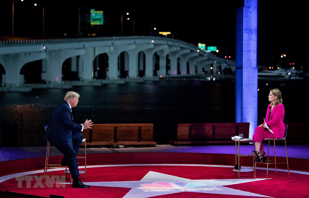  Tổng thống Mỹ Donald Trump (trái) trả lời các câu hỏi của cử tri tại thành phố Miami, bang Florida ngày 15-10-2020. (Ảnh: AFP/TTXVN)