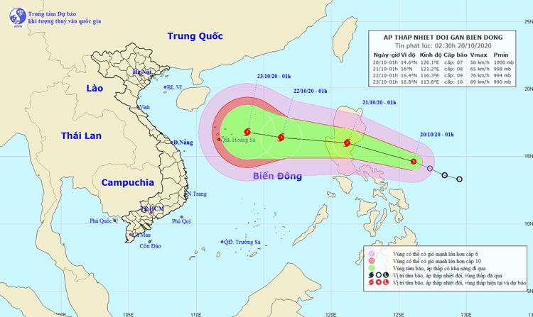   Vị trí của áp thấp nhiệt đới lúc 2 giờ 30 phút ngày 20-10. Nguồn: NCHMF.