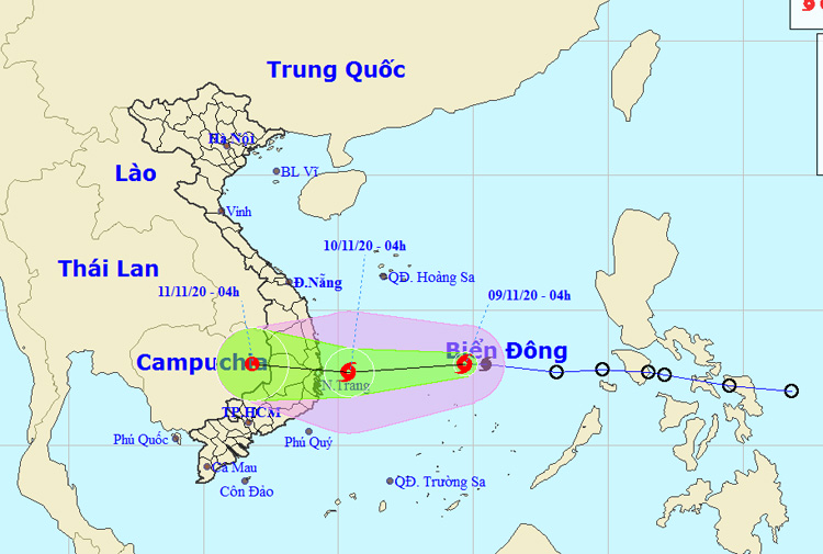  Vị trí và đường đi của bão số 12. (Cập nhật lúc 5 giờ ngày 9-11).Nguồn: NCHMF