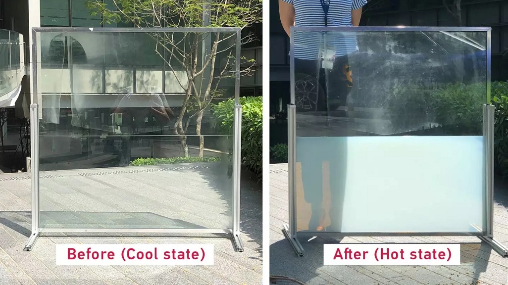  Ảnh trước và sau của một cửa sổ thông minh, nửa dưới của cửa sổ được tích hợp công nghệ mới. Ảnh: Đại học Công nghệ Nanyang. 