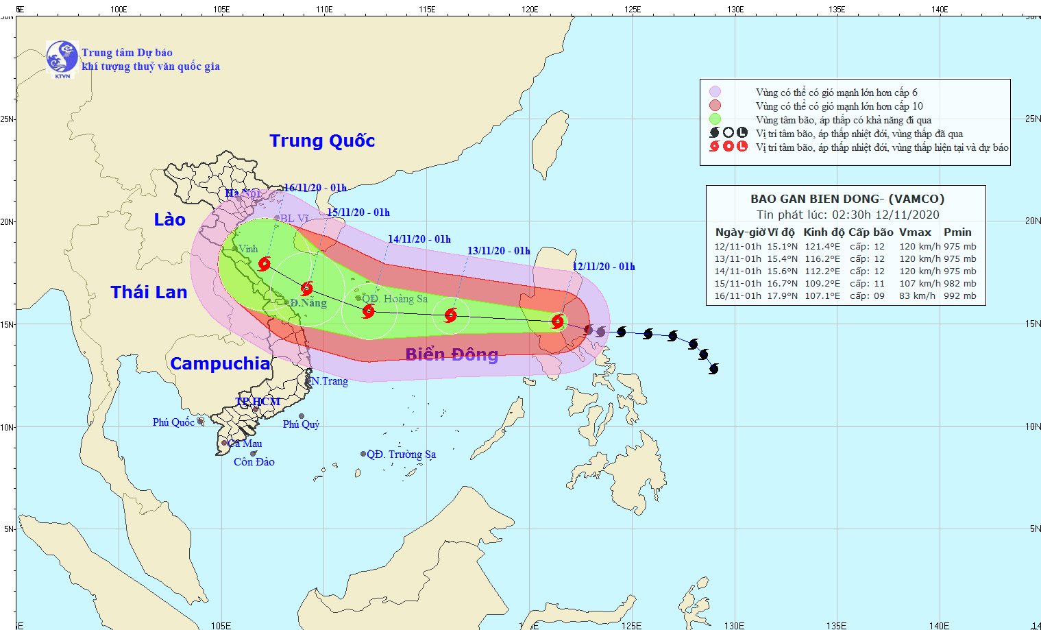   Bản đồ đường đi của bão Vamco. Ảnh: KTTV