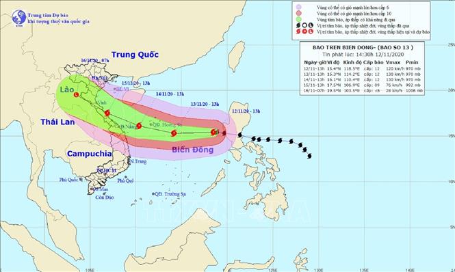  Bản đồ đường đi của bão số 13. Ảnh: TTXVN phát