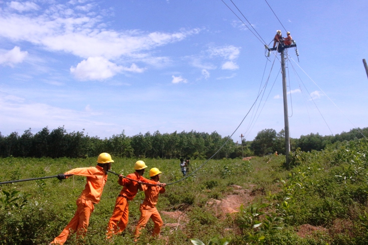  Công nhân Điện lực Lệ Thủy thi công sửa chữa, nâng cấp hệ thống lưới điện trung thế.