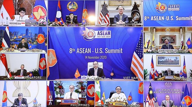 Thủ tướng Nguyễn Xuân Phúc, Chủ tịch ASEAN 2020 và Cố vấn an ninh quốc gia, Đặc phái viên Tổng thống Hoa Kỳ Robert C.Obrien cùng lãnh đạo các nước ASEAN tham dự hội nghị trực tuyến. (Ảnh: Thống Nhất/TTXVN)