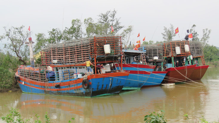 Tàu đánh cá của ngư dân được đưa vào tránh trú bão tại khu neo đậu tàu thuyền tại Chợ Gộ ở huyện Quảng Ninh...