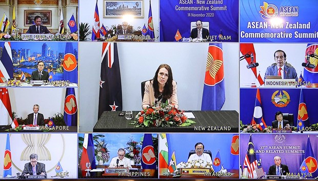 Thủ tướng New Zealand Jacinda Ardern, Thủ tướng Nguyễn Xuân Phúc, Chủ tịch ASEAN 2020 cùng các Nhà Lãnh đạo ASEAN tham dự hội nghị. (Ảnh: Thống Nhất/TTXVN)