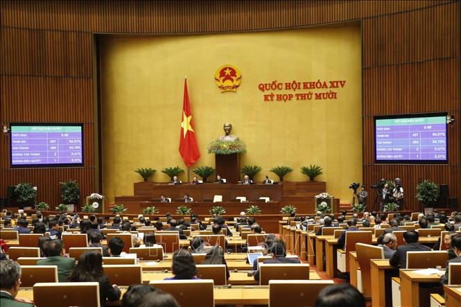 Quốc hội biểu quyết thông qua Nghị quyết kỳ họp thứ 10, Quốc hội khóa XIV. Ảnh: Doãn Tấn/TTXVN