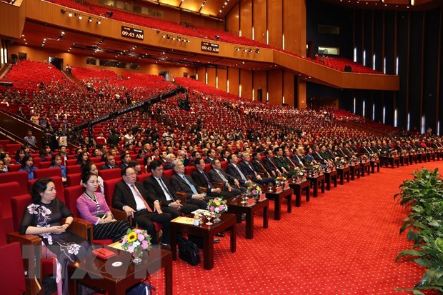  Tổng Bí thư, Chủ tịch nước Nguyễn Phú Trọng cùng các đồng chí lãnh đạo, nguyên lãnh đạo Đảng và Nhà nước tham dự buổi lễ. (Ảnh: Trí Dũng/TTXVN)