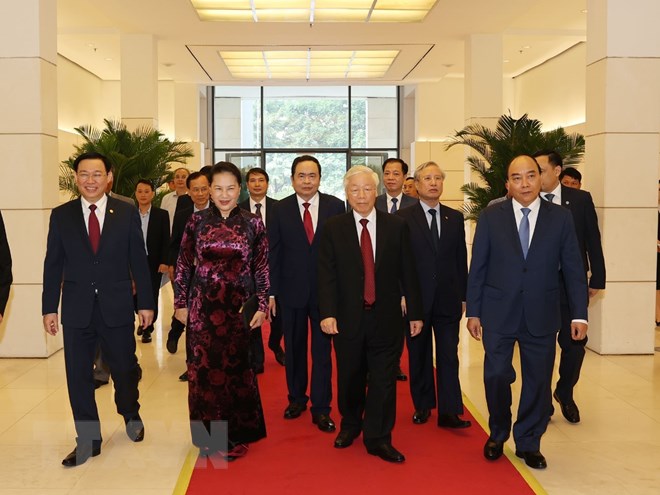  Tổng Bí thư, Chủ tịch nước Nguyễn Phú Trọng cùng các đồng chí lãnh đạo Đảng, Nhà nước tới tham dự buổi lễ. (Ảnh: Trí Dũng/TTXVN)