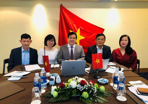 Các đại biểu Bộ Y tế tham dự cuộc họp trực tuyến. (PV/Vietnam+)