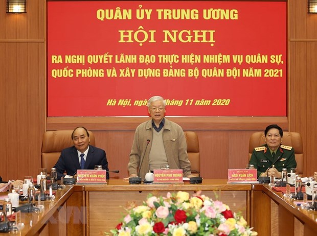 Tổng Bí thư, Chủ tịch nước Nguyễn Phú Trọng, Bí thư Quân ủy Trung ương chủ trì Hội nghị. (Ảnh: Trí Dũng/TTXVN)