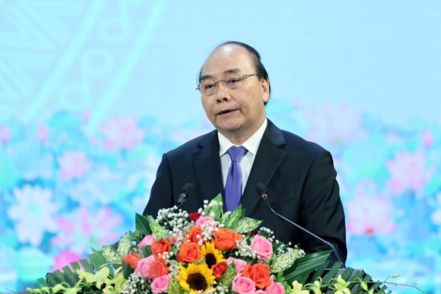  Thủ tướng Nguyễn Xuân Phúc đọc diễn văn tại Lễ kỷ niệm. (Ảnh: Thống Nhất/TTXVN)