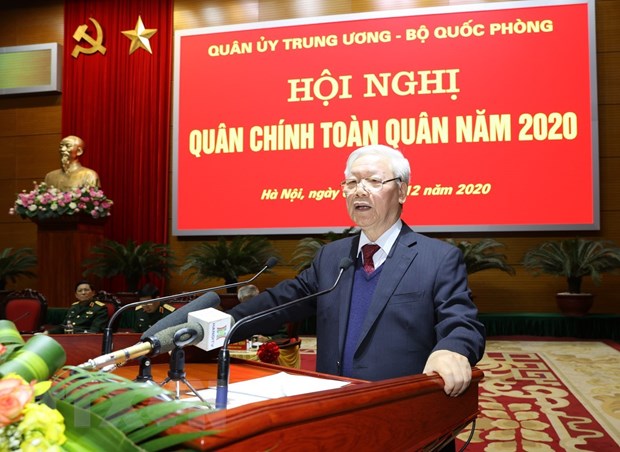 Tổng Bí thư, Chủ tịch nước Nguyễn Phú Trọng, Bí thư Quân ủy Trung ương phát biểu chỉ đạo Hội nghị. (Ảnh: Trí Dũng/TTXVN)