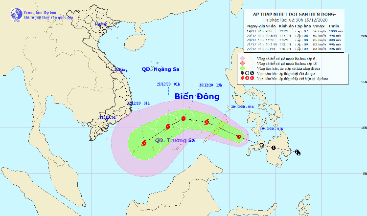   Vị trí và đường đi của áp thấp nhiệt đới. Nguồn: NCHMF.