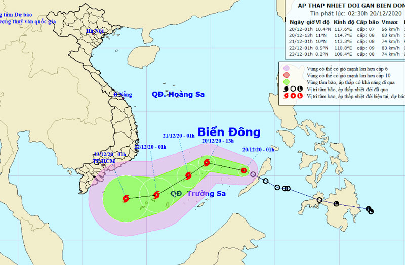 Vị trí và hướng di chuyển của áp thấp nhiệt đới. (Nguồn: nchmf.gov.vn)