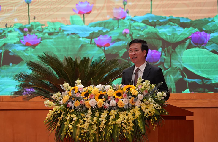 Đồng chí Võ Văn Thưởng, Ủy viên Bộ Chính trị, Bí thư Trung ương Đảng, Trưởng Ban Tuyên giáo Trung ương phát biểu kết luận tại hội nghị.