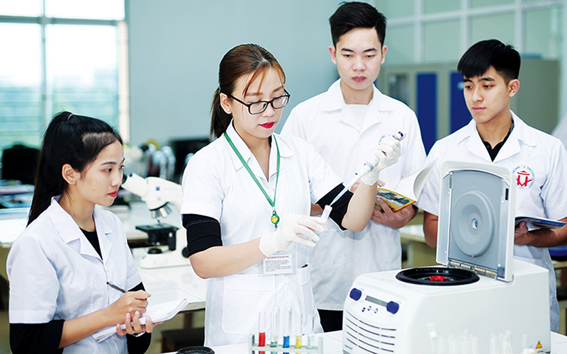 Sinh viên Khoa Khoa học tự nhiên (Trường đại học Hùng Vương) nghiên cứu, thực hành hóa sinh học.