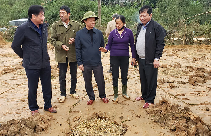 Đồng chí Phó Chủ tịch Thường trực UBND tỉnh Đoàn Ngọc Lâm kiểm tra mồ hình trồng bí trên diện tích đất bị bồi lấp tại xã Hưng Trạch (Bố Trạch).