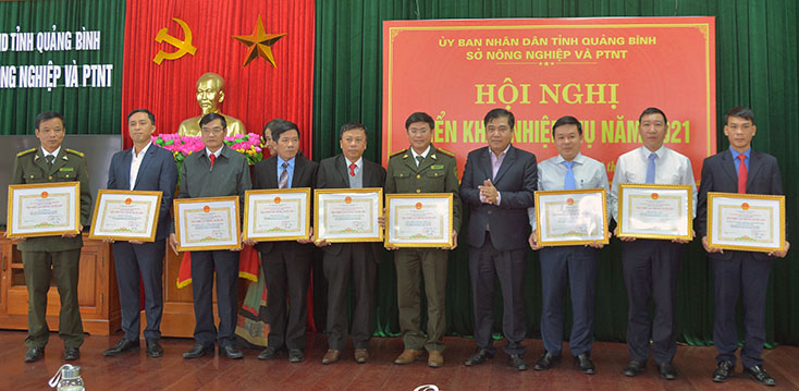 Đồng chí Đoàn Ngọc Lâm, Phó Chủ tịch Thường trực UBND tỉnh khen thưởng các tập thể đạt danh hiệu lao động xuất sắc..