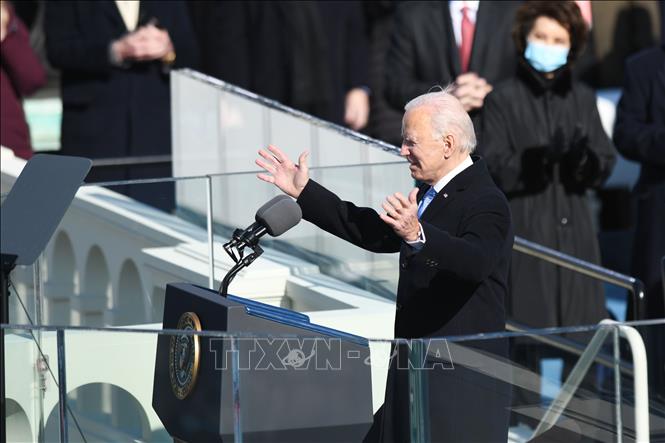  Tân Tổng thống Mỹ Joe Biden phát biểu sau khi tuyên thệ nhậm chức tại Đồi Capitol, Washington DC., ngày 20-1-2021. Ảnh: THX/TTXVN