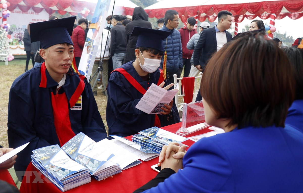 Các sinh viên tại Lào Cai được tư vấn việc làm ngay sau khi nhận bằng tốt nghiệp. (Ảnh: Quốc Khánh/TTXVN)