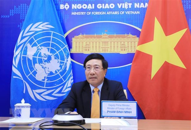 Phó Thủ tướng, Bộ trưởng Bộ Ngoại giao Phạm Bình Minh dự cuộc họp cấp cao của Hội đồng Bảo an Liên hợp quốc về bảo đảm sự tiếp cận vắcxin COVID-19 một cách công bằng. (Ảnh: Lâm Khánh/TTXVN)