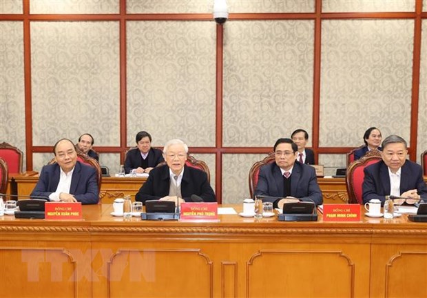 Tổng Bí thư, Chủ tịch nước Nguyễn Phú Trọng phát biểu kết luận phiên họp. (Ảnh: Trí Dũng/TTXVN)