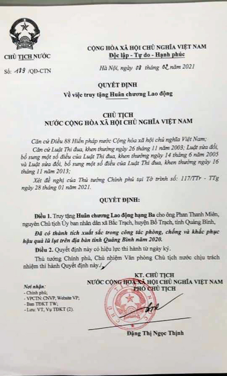  Quyết định của Chủ tịch nước về việc truy tặng Huân chương Lao động hạng Ba cho đồng chí Phan Thanh Miên.