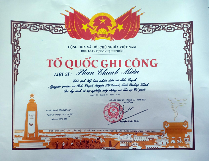 Bằng “Tổ quốc ghi công” liệt sỹ Phan Thanh Miên