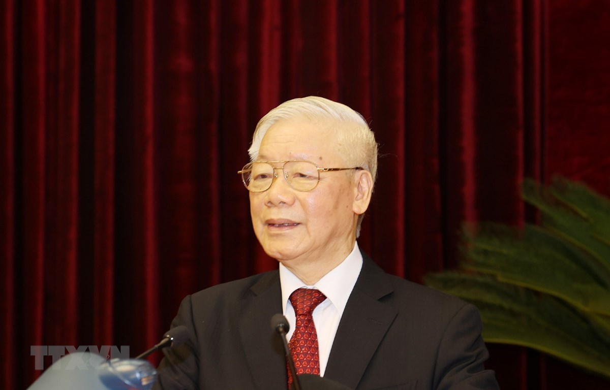 Tổng Bí thư, Chủ tịch nước Nguyễn Phú Trọng phát biểu bế mạc Hội nghị. (Ảnh: Trí Dũng/TTXVN)