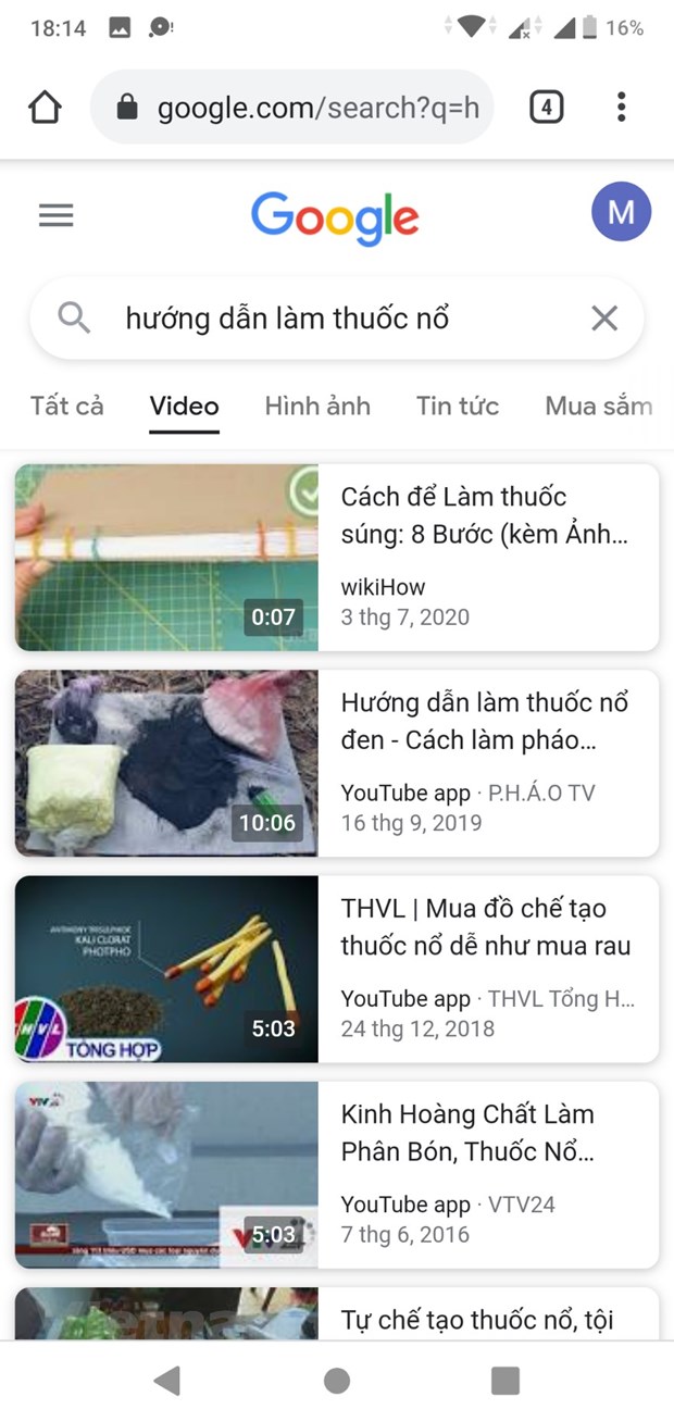  Dễ dàng tìm thấy thông tin về cách tự chế tạo thuốc nổ trên YouTube. (Ảnh: PV/Vietnam+)