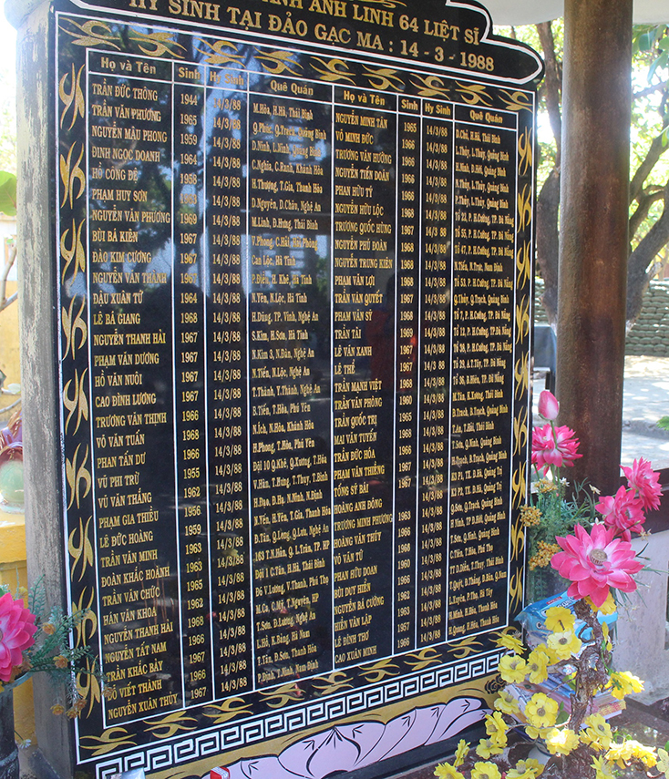 Tấm bia phương danh anh linh 64 liệt sỹ hy sinh tại đảo Gạc Ma ngày 14-3-1988 trên chùa Sinh Tồn.