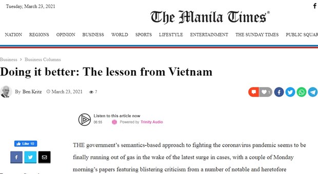 Bài viết trên báo The Manila Times của Philippines.