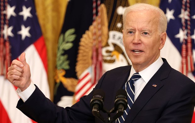 Tổng thống Joe Biden trong buổi họp báo chính thức đầu tiên. (Ảnh: Getty)