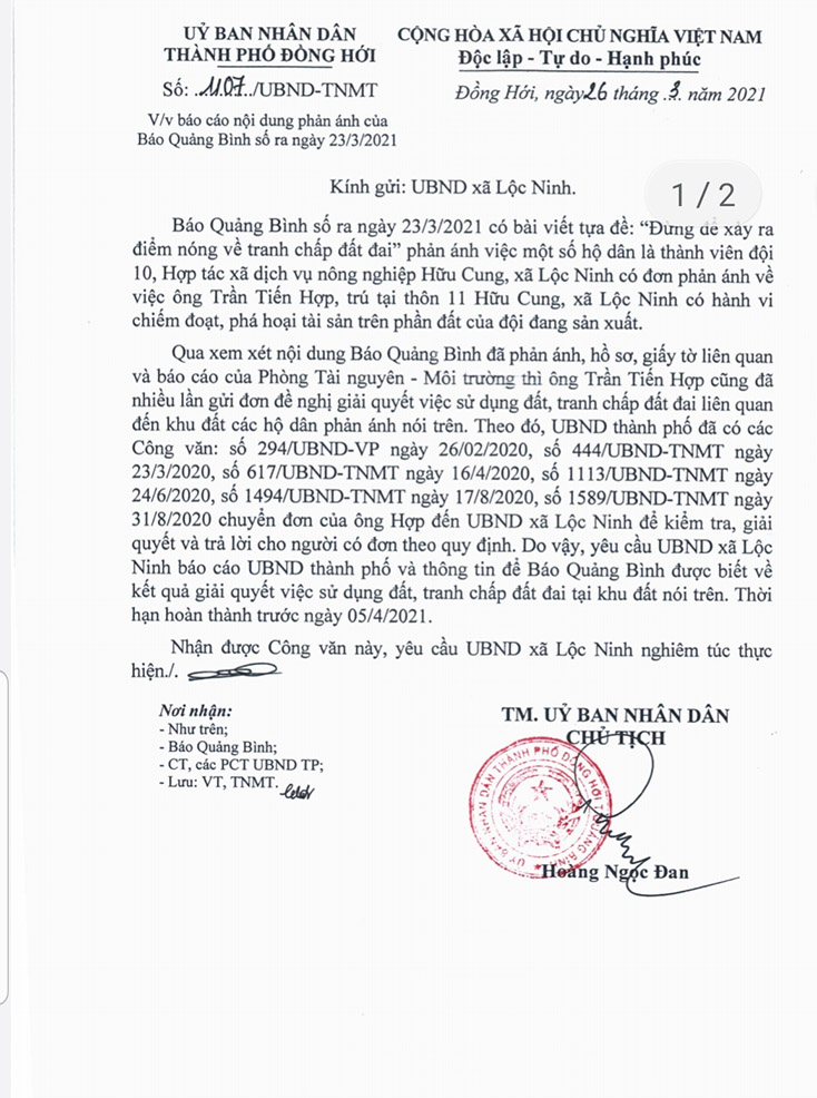 Công văn của UBND thành phố  Đồng Hới yêu cầu xã Lộc Ninh báo cáo vụ việc tranh chấp đất đai tại HTX dịch vụ nông nghiệp Hữu Cung, xã Lộc Ninh