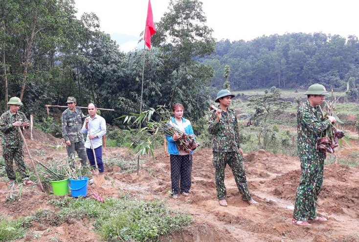 Cán bộ chiến sỹ Đồn Biên phòng Làng Ho giúp bà con trồng tre lấy măng.