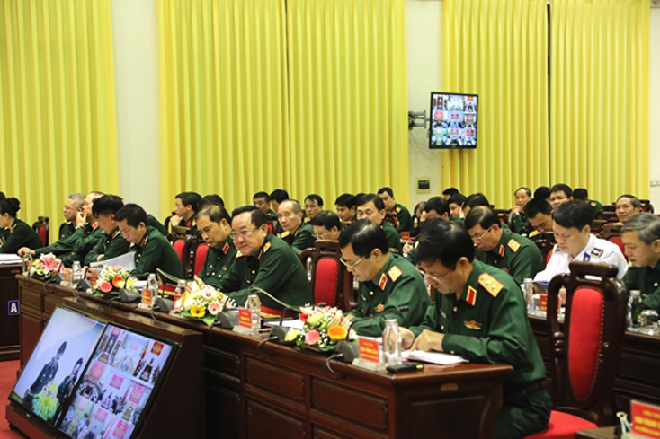 Các đại biểu tham dự hội nghị tại điểm cầu Bộ Quốc phòng.