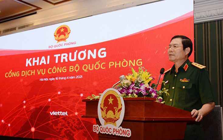 Thượng tướng Nguyễn Tân Cương phát biểu chỉ đạo tại buổi khai trương Cổng dịch vụ công BQP. 