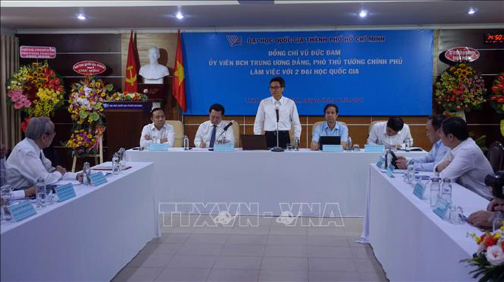 Phó Thủ tướng Vũ Đức Đam phát biểu tại buổi làm việc với Đại học quốc gia Thành phố Hồ Chí Minh và Đại học quốc gia Hà Nội. 