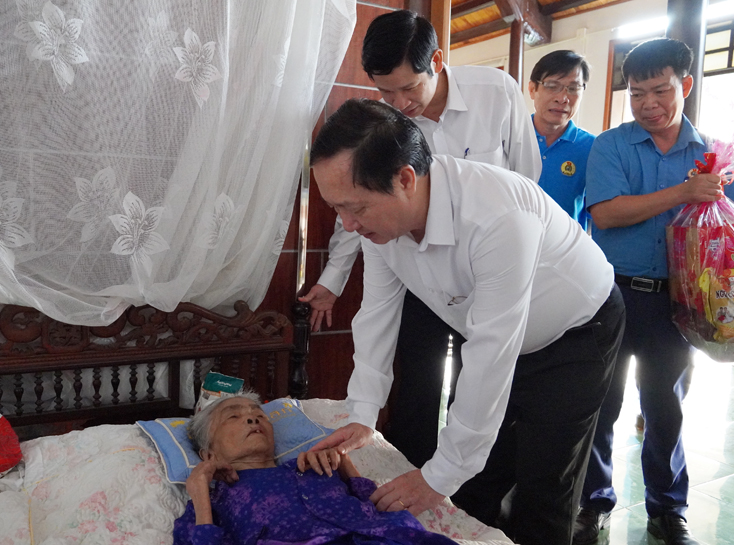 Bộ trưởng Bộ Khoa học và Công nghệ Huỳnh Thành Đạt tặng quà cho Mẹ Việt Nam anh hùng Đào Thị Di, ở thôn 5, xã Nghĩa Ninh.