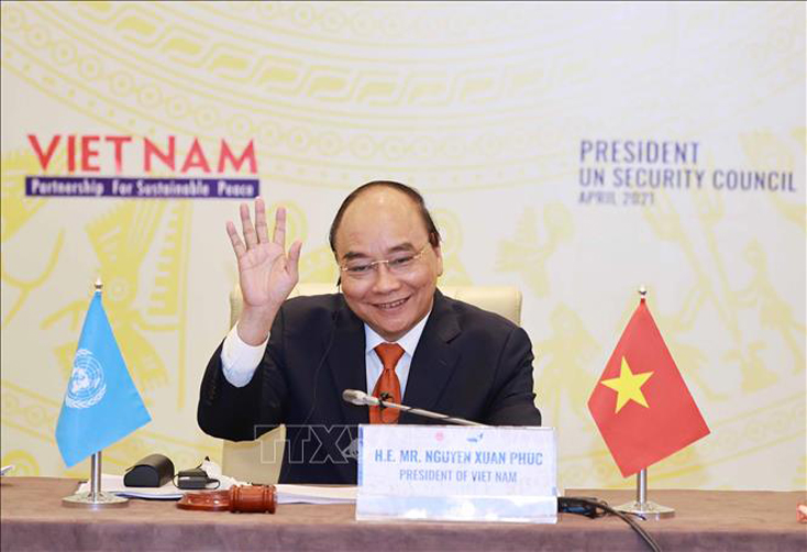 Chủ tịch nước Nguyễn Xuân Phúc chủ trì Phiên thảo luận mở Cấp cao của Hội đồng Bảo an Liên hợp quốc, ngày 19-4. Ảnh: Thống Nhất/TTXVN