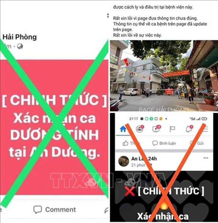 2 Fanpage: “Hải Phòng” (Page.HaiPhong) và “An Lão 24h” đã đăng tải thông tin có nội dung sai sự thật về tình hình, diễn biến dịch bệnh COVID-19. Ảnh: TTXVN phát