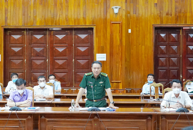 Đồng chí Chỉ huy trưởng BĐBP tỉnh phát biểu tại cuộc họp.