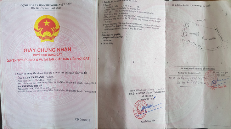 Giấy chứng nhận quyền sử dụng đất của ông Nguyễn Thanh Hoàng và bà Trương Thị Hà được UBND huyện Bố Trạch cấp ngày 18-8-2016