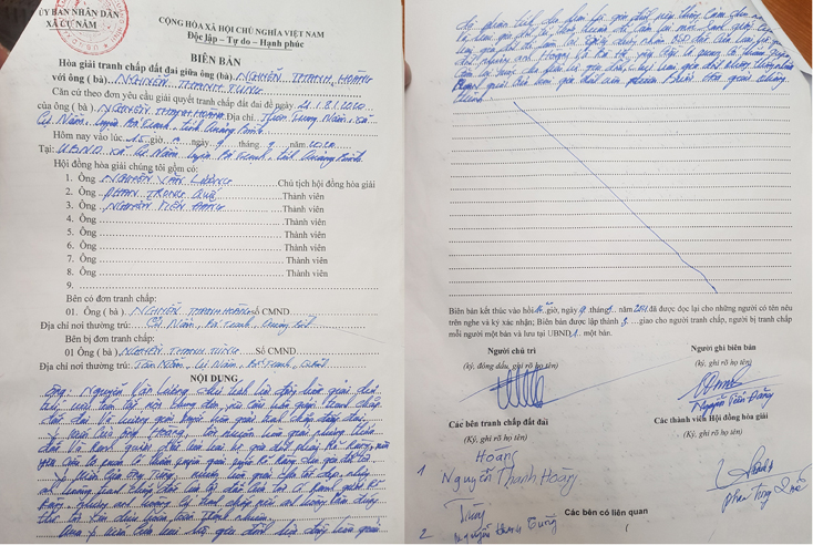Biên bản hòa giải của UBND xã Cự Nẫm, huyện Bố Trạch liên quan đến vụ việc